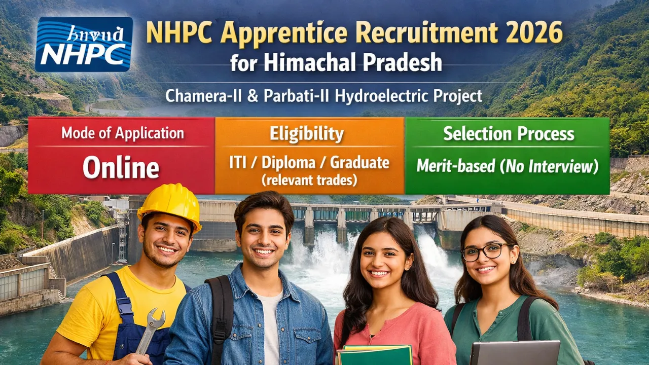 NHPC Apprentice Recruitment 2026 for Himachal Pradesh (Chamera-II & Parbati-II Hydroelectric Project)
