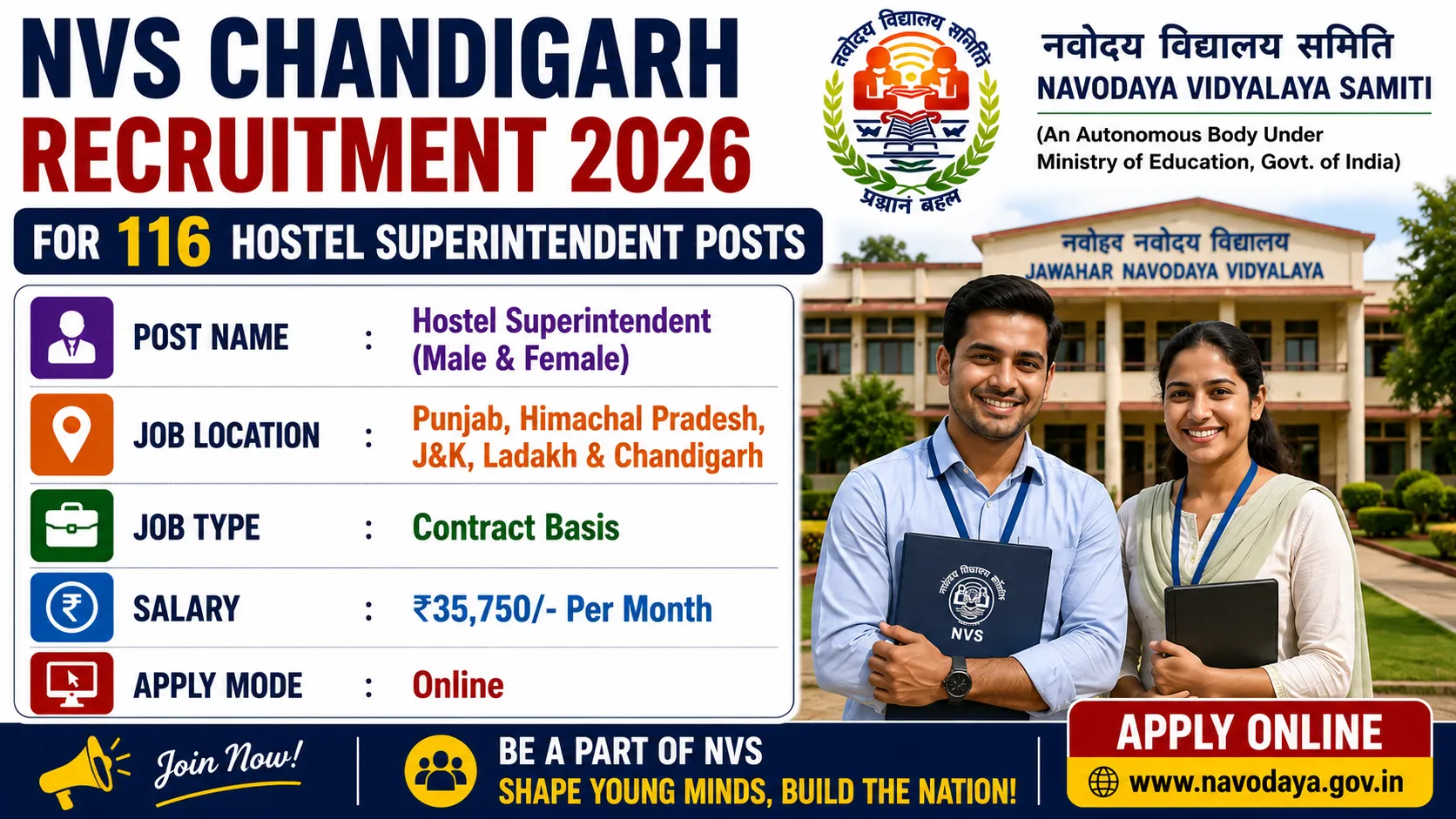 NVS Chandigarh Recruitment 2026 for 116 Hostel Superintendent Posts
