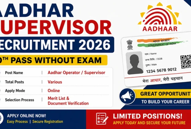 Aadhar Supervisor Recruitment 2026 for 10th Pass without Exam