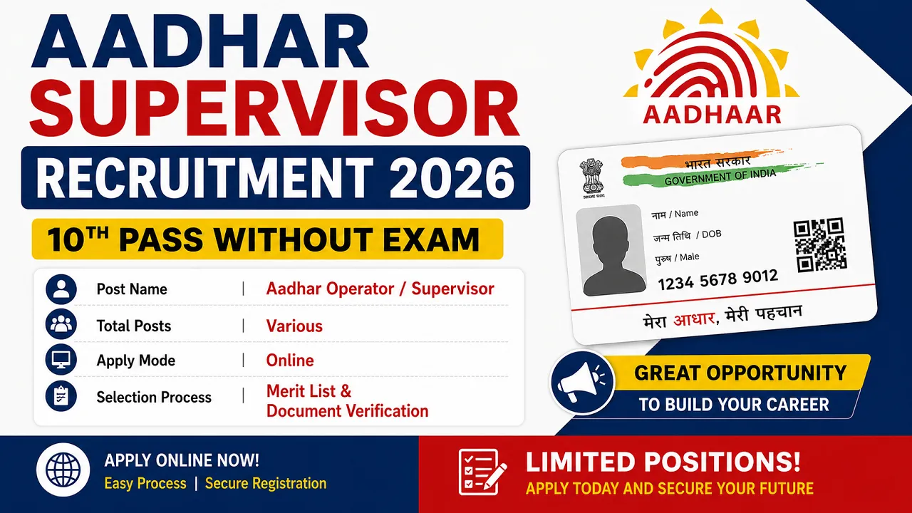 Aadhar Supervisor Recruitment 2026 for 10th Pass without Exam