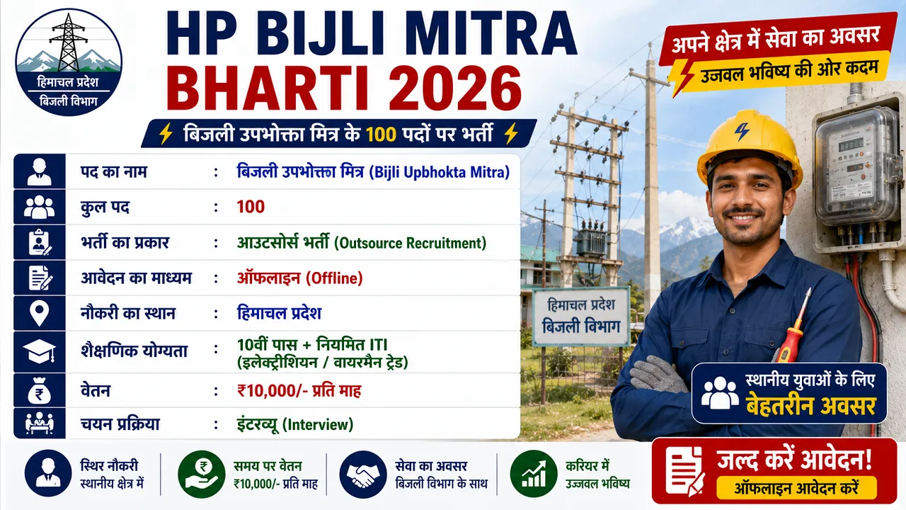 HP Bijli Mitra Recruitment 2026 for 10th Pass for 100 Posts